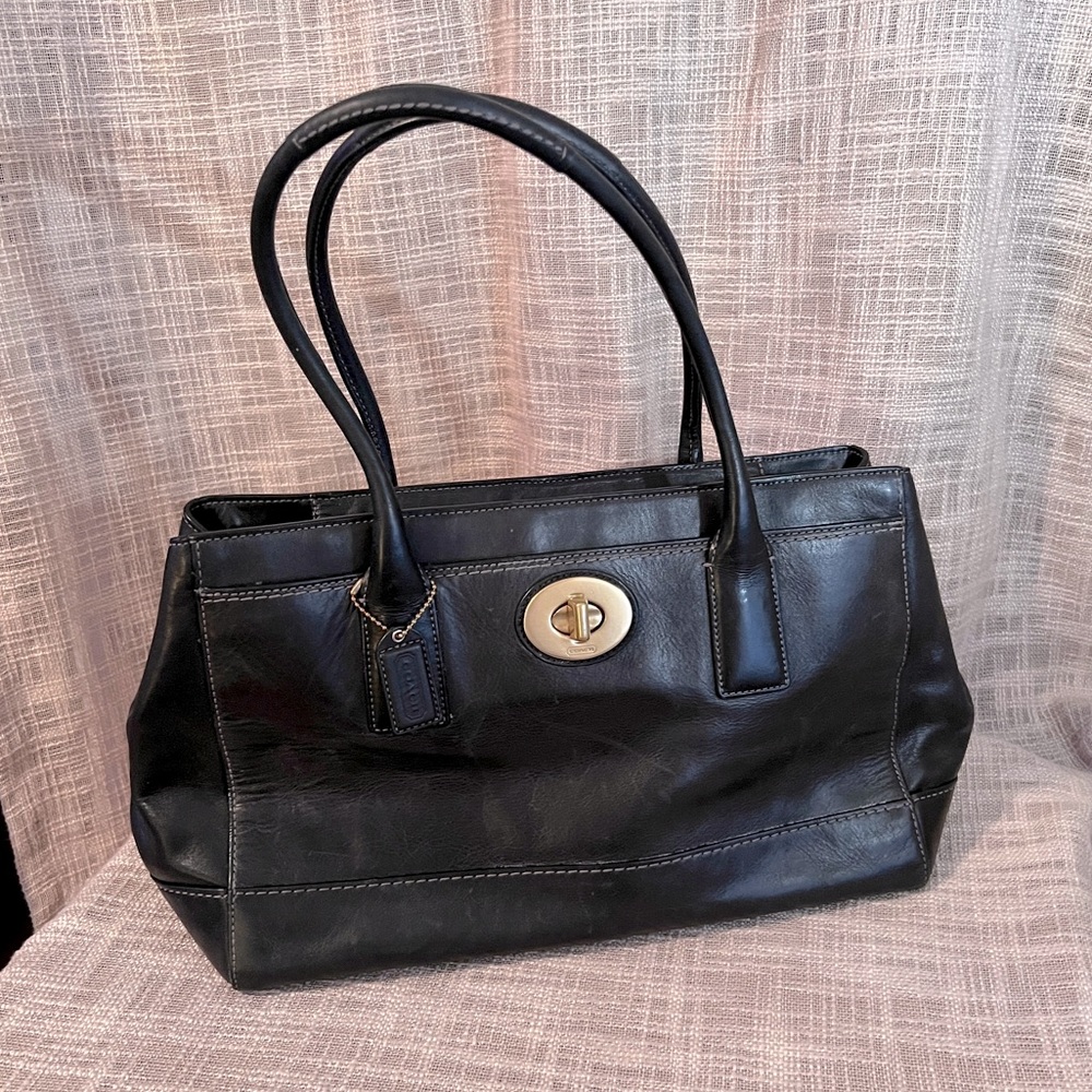 COACH Hamptons MADELINE Black Leather Shopper Tote Carryall Work Purse Bag